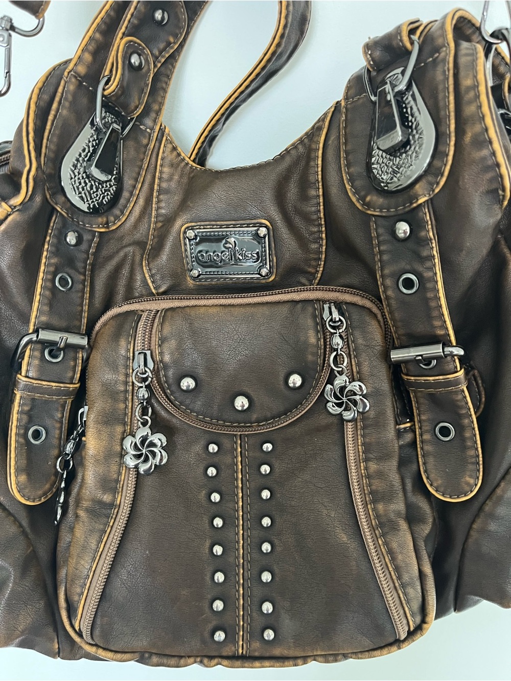 Angel Kiss brown faux-leather studded messenger bag with silver accents